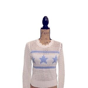 Wild Fox Starshine Brinne  Open Knit Sweater Blue & White Size M Nwt